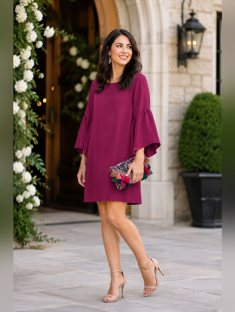 Amanda Uprichard Angela Bell Sleeve Mini Dress in Black Cherry Women's Medium